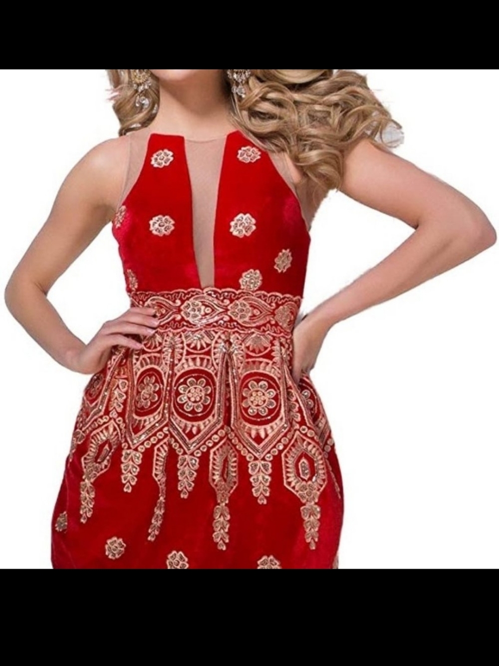 Red Embroidered Evening Dress Gold Accents